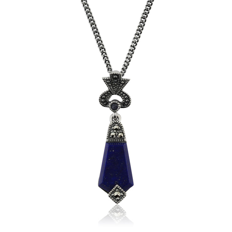 Ciondolo in stile Art Déco in argento 925 con lapislazzuli cabochon e marcasite