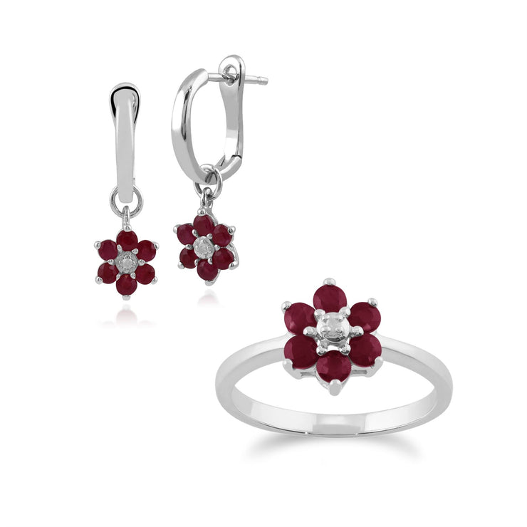 Orecchini pendenti e anello floreale in oro bianco 375, rubini e diamanti