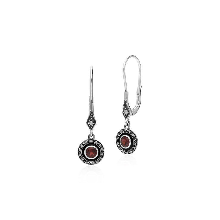 Orecchini pendenti rotondi in argento 925 stile Art Déco con granato, marcasite e smalto