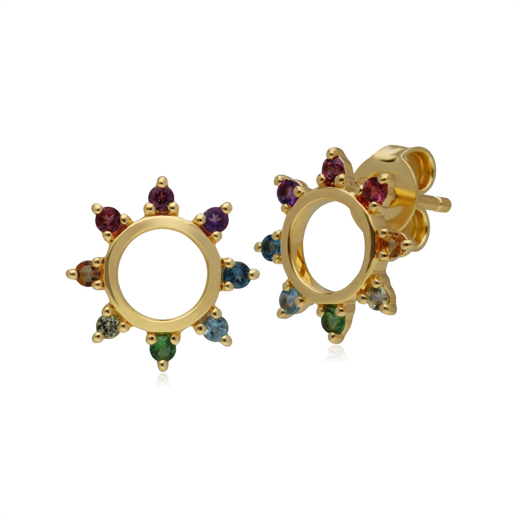 Rainbow Sunburst Stud Earrings in Gold Plated Sterling Silver 