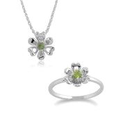 Anello e pendente Margherita stile floreale in argento 925 con peridoto rotondo