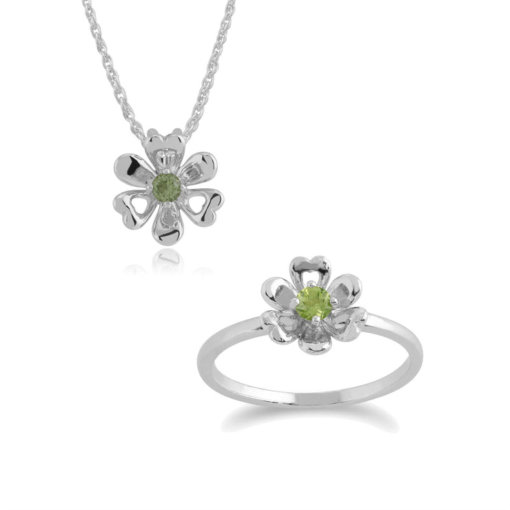 Anello e pendente Margherita stile floreale in argento 925 con peridoto rotondo