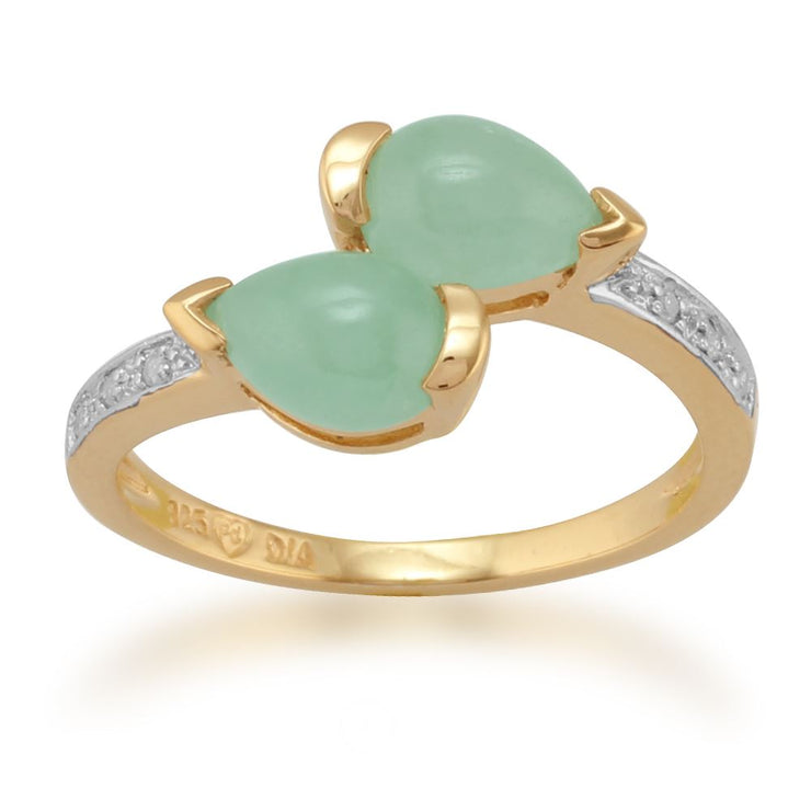Anello in giada gemondo, argento sterling placcato in oro da 1,34 ct CT GIADA e anello con due pietre di diamanti 3PT
