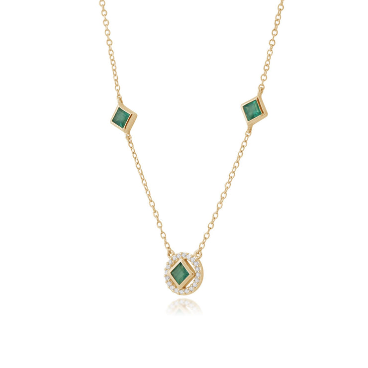 Collana classica in stile Halo con smeraldi quadrati e diamanti in oro giallo 925