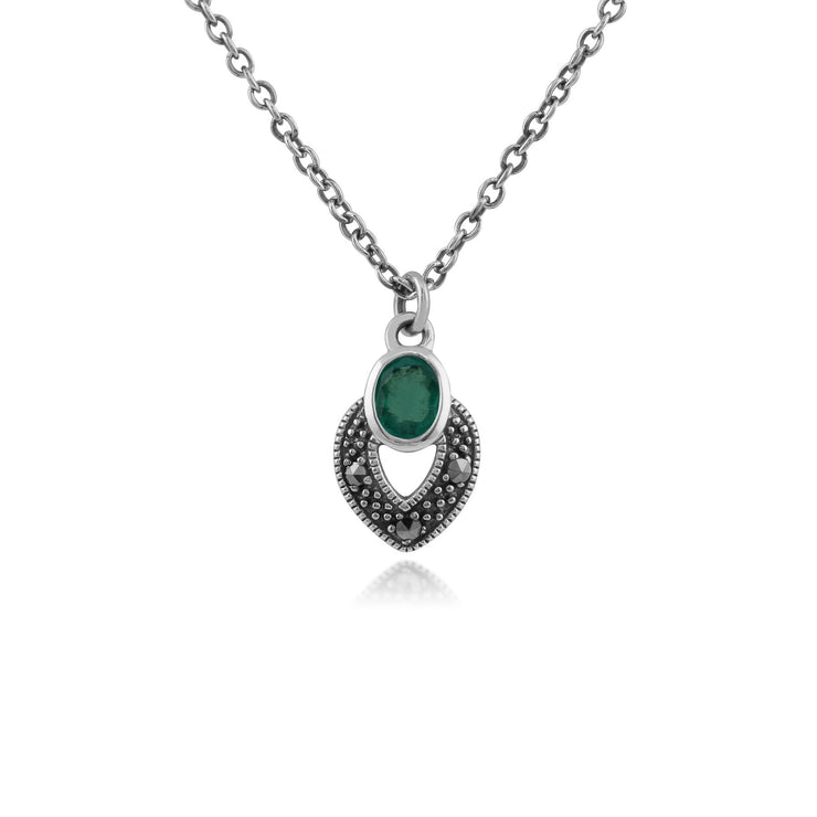 Collana e orecchini in stile Art Deco Argento 925 ovale, smeraldo e marcasite
