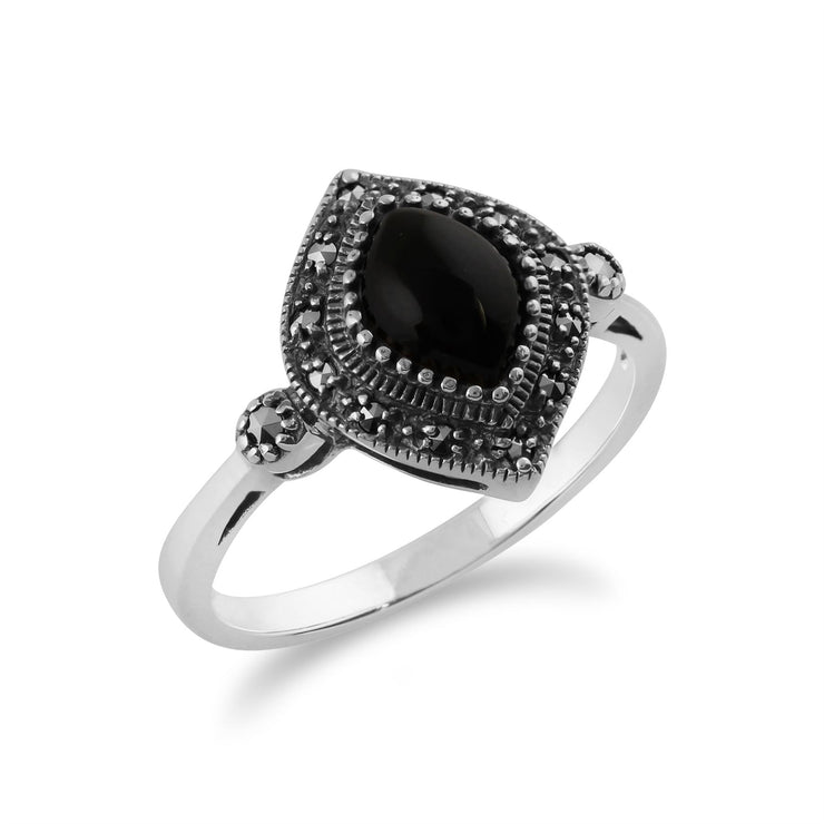 Anello Art Déco Gemondo, anello Art Déco in argento sterling 925 da 1,00 carati con onice nero e marcasite