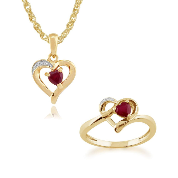 Ciondolo cuore classico e anello in oro giallo 375, rubino e diamante