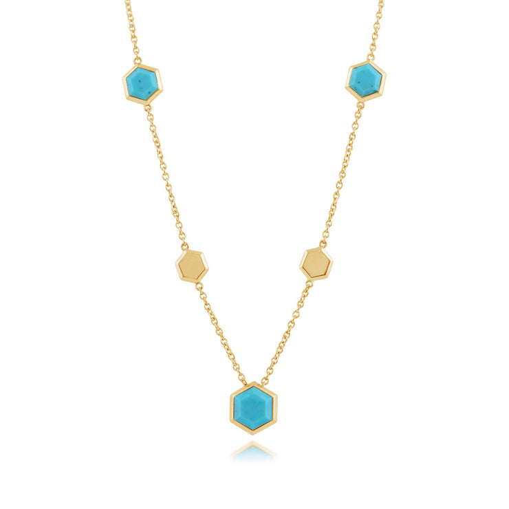Collana geometrica in argento 925 placcato oro con turchese esagonale