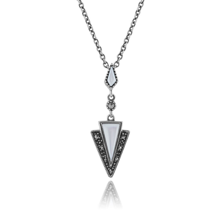 Collana a strascico e orecchini pendenti in stile Art Deco Argento 925 Madreperla e marcasite
