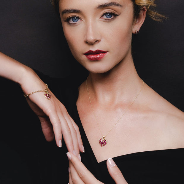 Bracciale con Charm e Ciondolo Classico a Cuore in Oro Giallo 375 con Rubino Marchesa