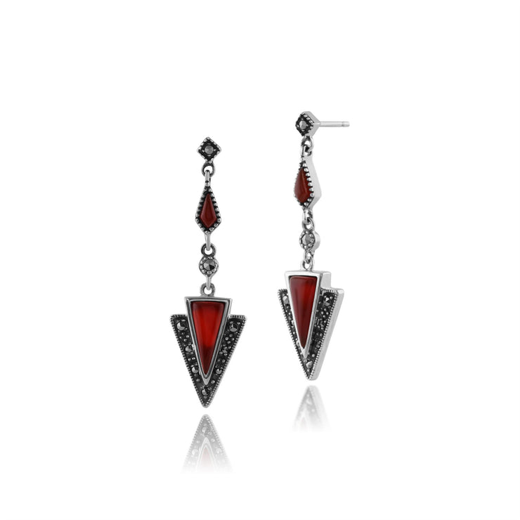 Collana e orecchini con pendente a triangolo in stile Art Déco, cabochon rosso corniola in argento 925 e marcasite