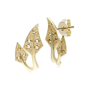 Art Nouveau Inspired Marcasite Leaf Earrings in 18ct Gold Plated Silver