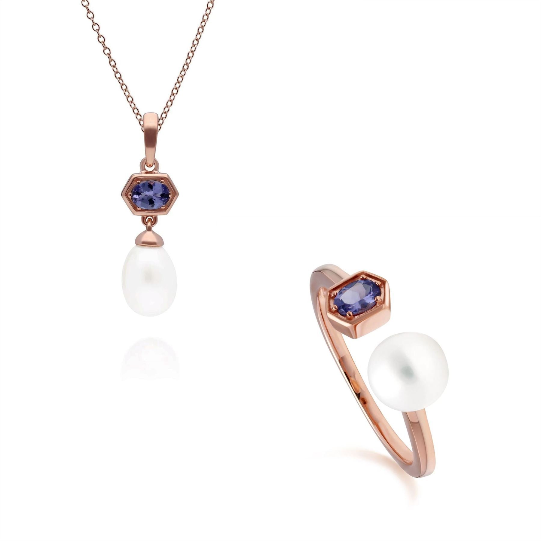 Modern Pearl & Tanzanite Pendant & Ring Set in Rose Gold Plated Sterling Silver
