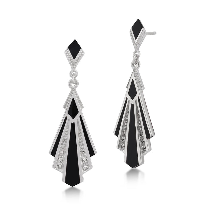 Orecchini pendenti in stile Art Déco in argento 925 con onice nero e Orecchini pendenti in stile Art Déco in argento 925 con onice nero e
