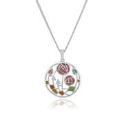 Collana e Orecchini Pendenti Rotondi Stile Rennie Mackintosh Argento 925 con Topazio e Smalto Stile Rosa Glasgow