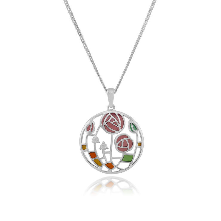Collana e Orecchini Pendenti Rotondi Stile Rennie Mackintosh Argento 925 con Topazio e Smalto Stile Rosa Glasgow