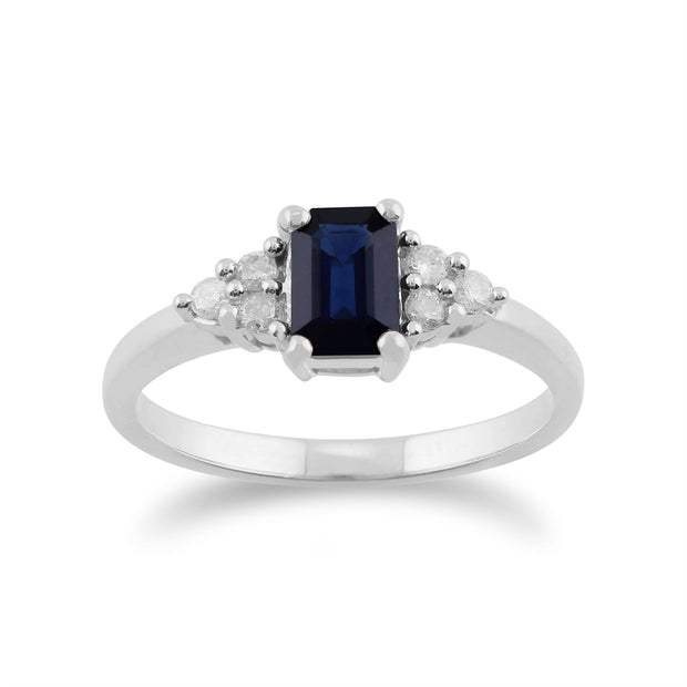 Anello Classico Oro Bianco 375 Zaffiro Ottagonale e Diamante