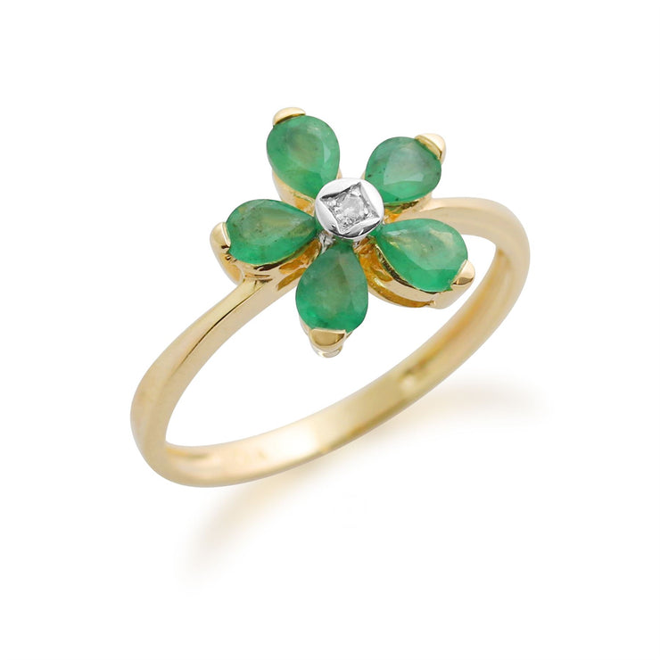 Anello floreale in oro giallo 375 con smeraldi e diamanti