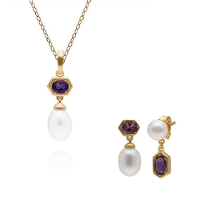 Modern Pearl & Amethyst Pendant & Earring Set in Gold Plated Sterling Silver