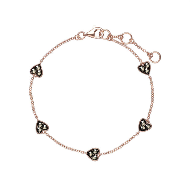 Bracciale in marcasite con cuore in argento sterling placcato oro rosa da 19 cm