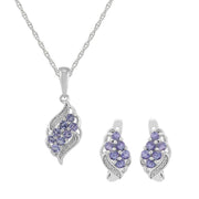 Classico pendente a grappolo di tanzanite e diamanti in argento 925 e orecchini dormienti