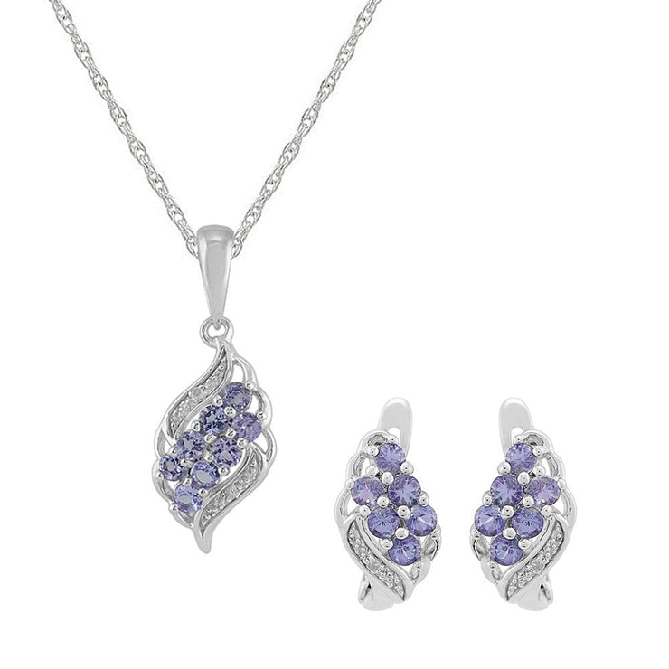 Classico pendente a grappolo di tanzanite e diamanti in argento 925 e orecchini dormienti
