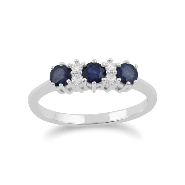 Anello in oro bianco da 9 ct con zaffiro blu naturale da 0,54 ct e diamante da 6 PT con TRE pietre