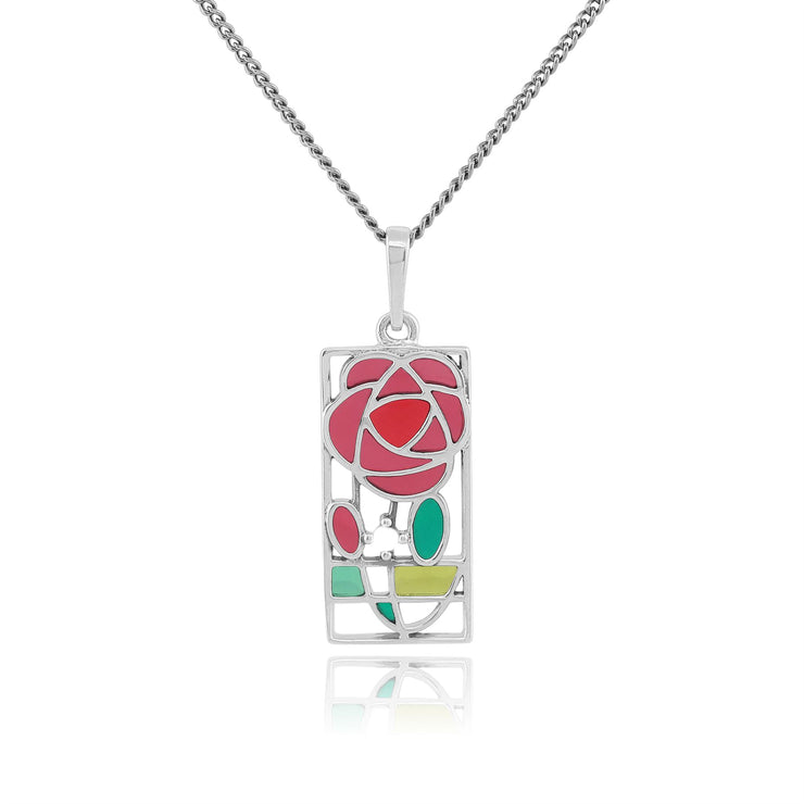 Collana e orecchini con ciondolo stile Rennie Mackintosh in argento 925 con smalto rettangolare rosa Glasgow