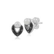 Collana e orecchini in argento 925 con perle e marcasite in stile Art Déco