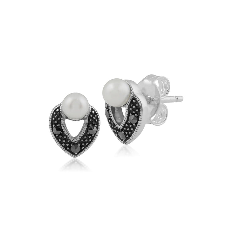 Collana e orecchini in argento 925 con perle e marcasite in stile Art Déco