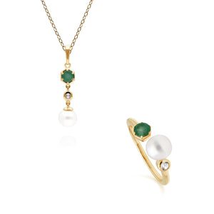 Modern Pearl, Topaz & Emerald Pendant & Ring Set in Gold Plated Sterling Silver