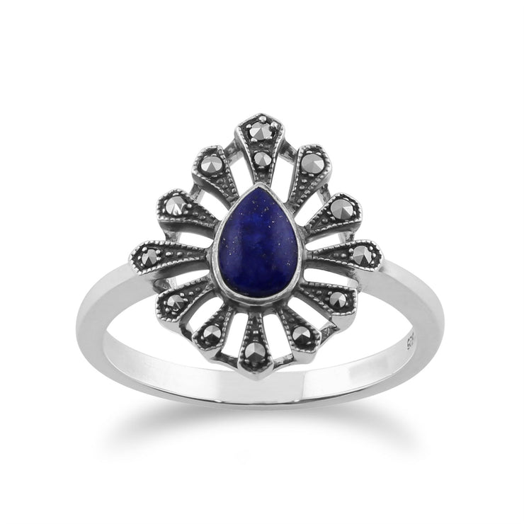Anello Art Déco Gemondo in argento sterling 925 da 0,30 ct con lapislazzuli e marcasite