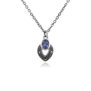 Collana e orecchini a bottone in stile Art Déco in argento 925 con tanzanite ovale e marcasite