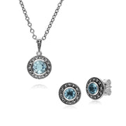 Orecchini pendenti rotondi e orecchini a lobo in argento 925 in stile Art Déco con topazio azzurro e marcasite