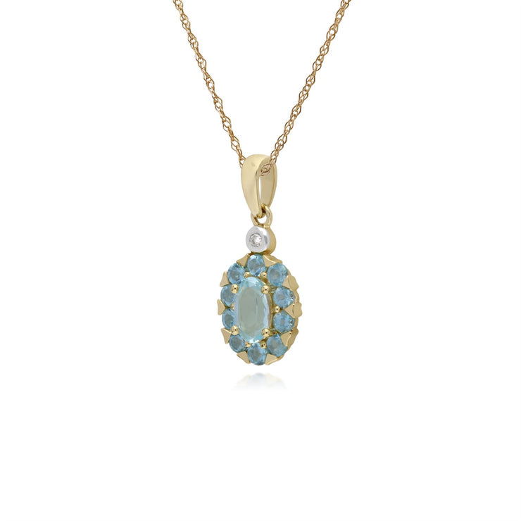 Pendente con topazio azzurro rotondo in oro giallo da 9 ct e diamanti con montatura ovale su catena da 45 cm