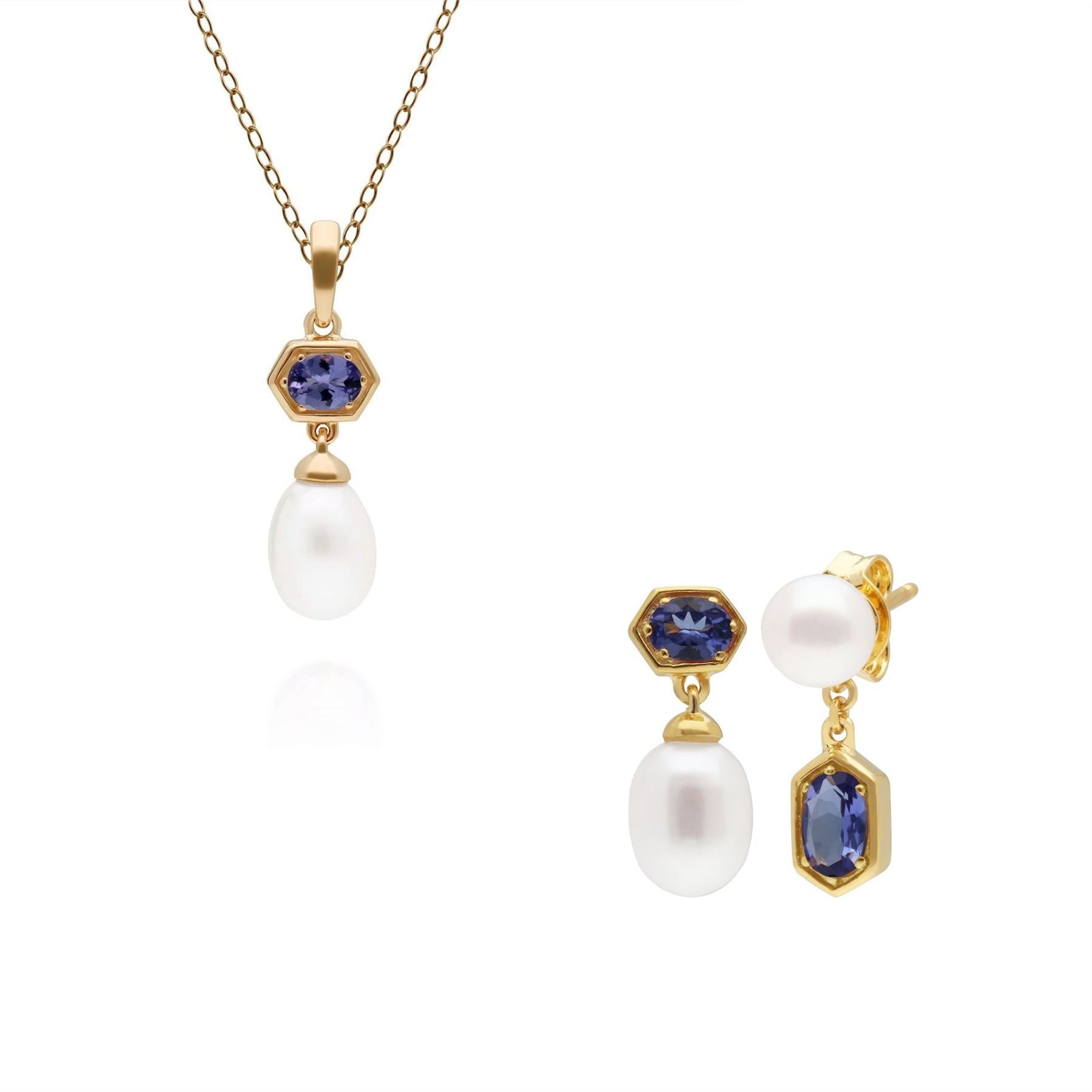 Modern Pearl & Tanzanite Pendant & Earring Set in Gold Plated Sterling Silver
