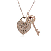 Classico ciondolo con lucchetto a cuore intrecciato in argento 925 placcato oro rosa e grandi ciondoli con chiave in granato