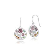 Collana e Orecchini Pendenti Rotondi Stile Rennie Mackintosh Argento 925 con Topazio e Smalto Stile Rosa Glasgow