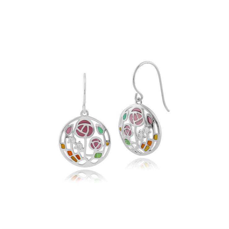 Collana e Orecchini Pendenti Rotondi Stile Rennie Mackintosh Argento 925 con Topazio e Smalto Stile Rosa Glasgow