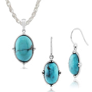 Ciondolo ovale cabochon turchese e orecchini pendenti in argento 925 stile Boho