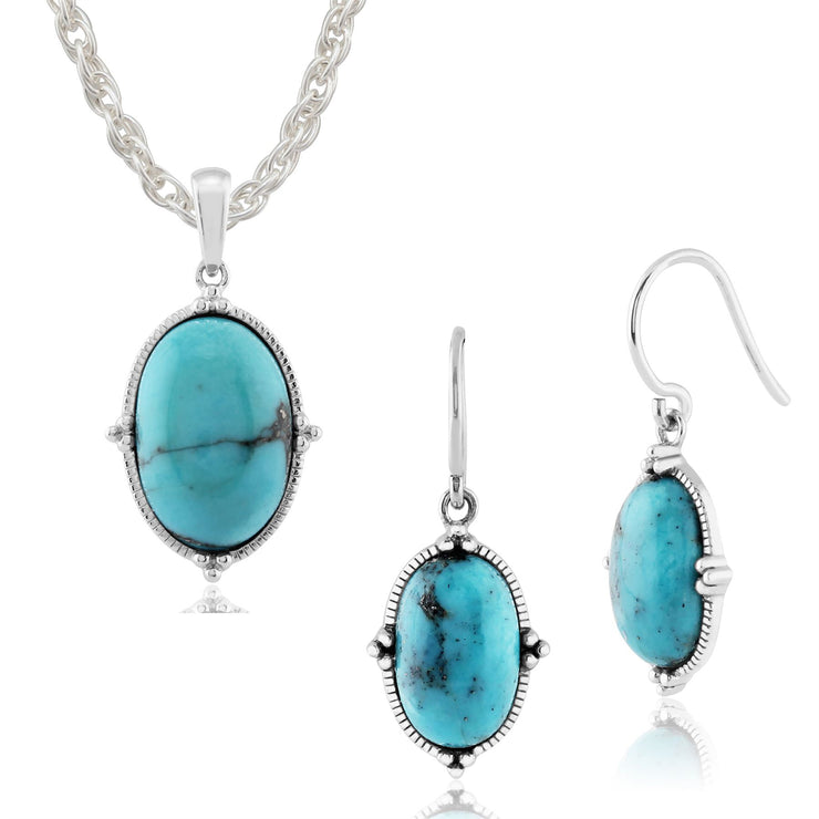Ciondolo ovale cabochon turchese e orecchini pendenti in argento 925 stile Boho