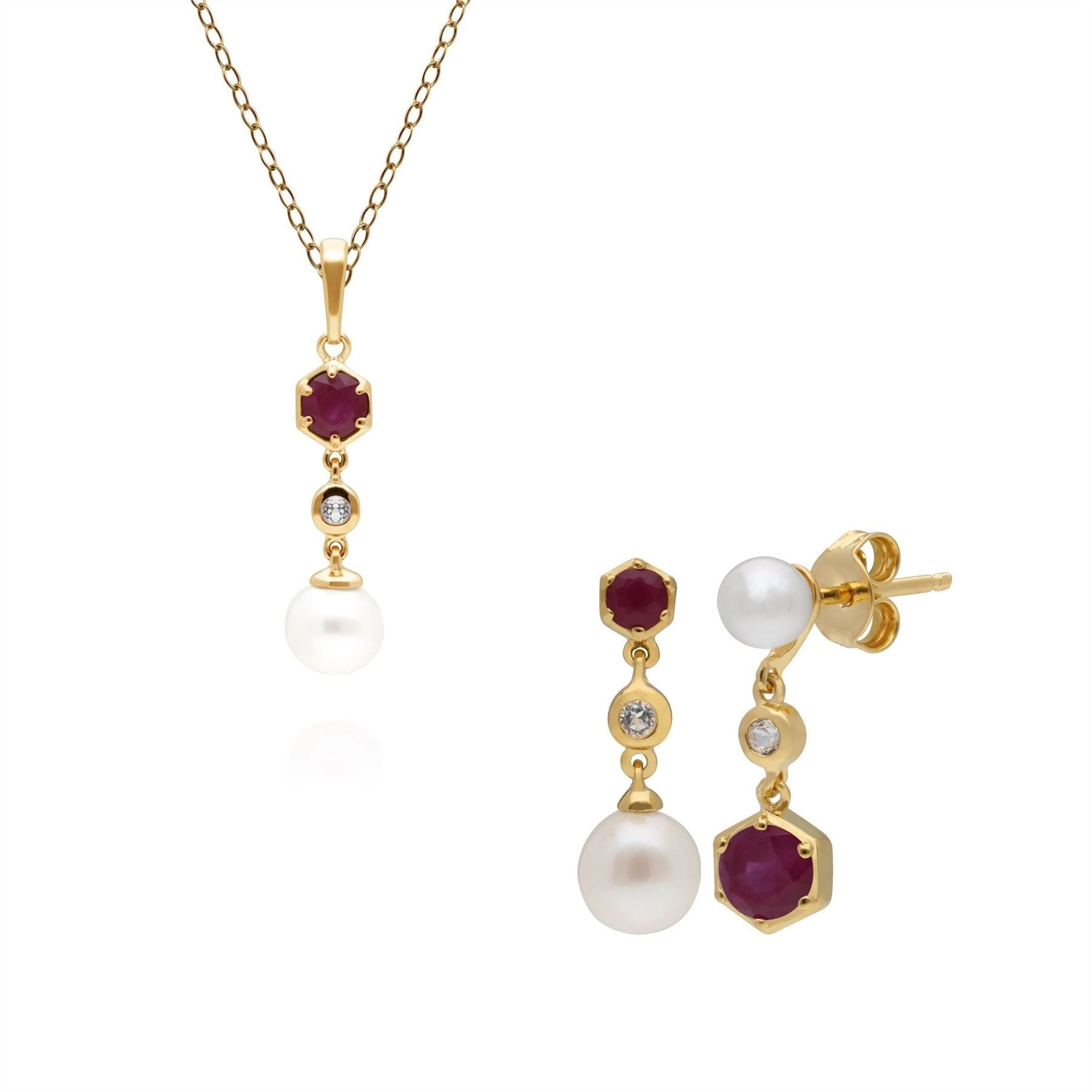 Modern Pearl, Topaz & Ruby Pendant & Earring Set in Gold Plated Sterling Silver
