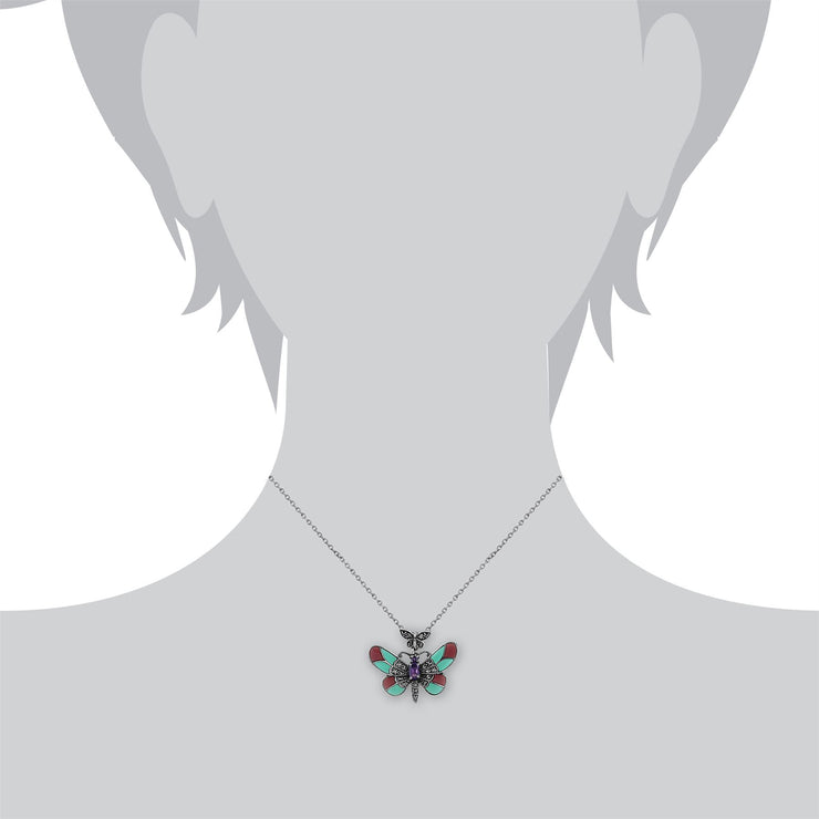 Collana Papillion Stile Art Nouveau Argento 925 Ovale Ametista, Marcasite e Smalto