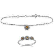 Bracciale e anello Margherita stile floreale in argento 925 con citrino rotondo