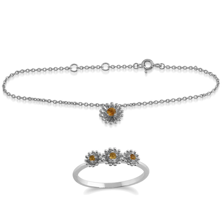 Bracciale e anello Margherita stile floreale in argento 925 con citrino rotondo