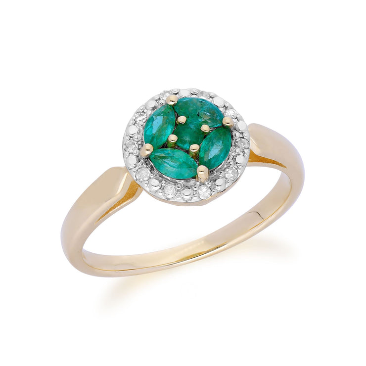 Anello Gemondo in oro giallo da 9 ct con smeraldi e diamanti Halo