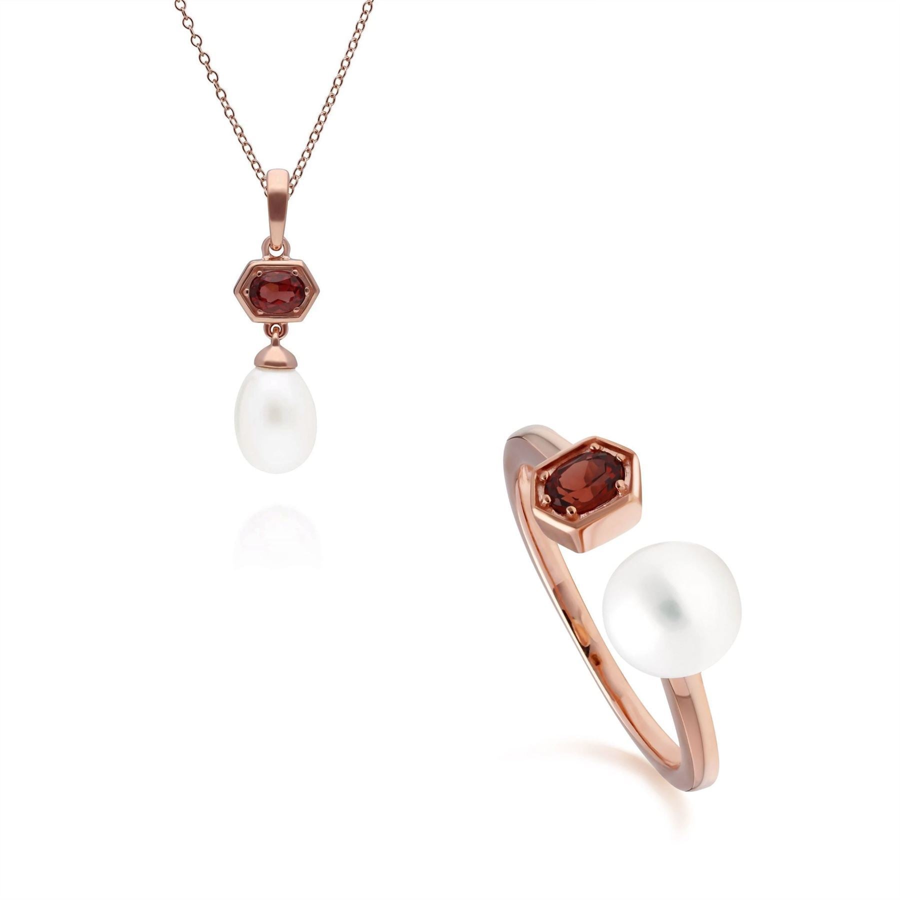 Modern Pearl & Garnet Pendant & Ring Set in Rose Gold Plated Sterling Silver