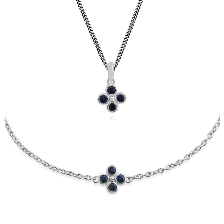 Bracciale in argento 925 con trifoglio floreale e pendente con zaffiro rotondo