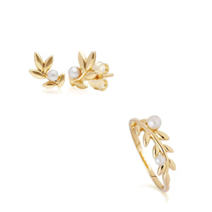 O Leaf Pearl Stud Earring & Ring Set in Gold Plated 925 Sterling Silver