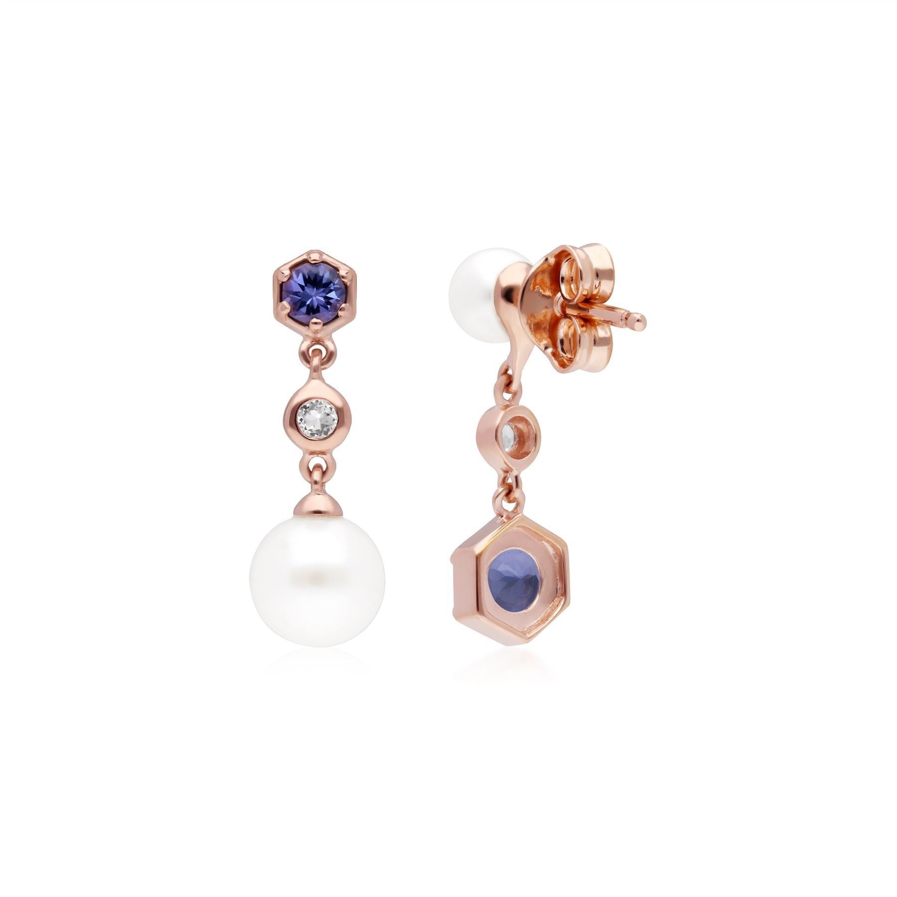 Orecchini pendenti spaiati di perle moderne, tanzanite e topazio in argento sterling placcato oro rosa